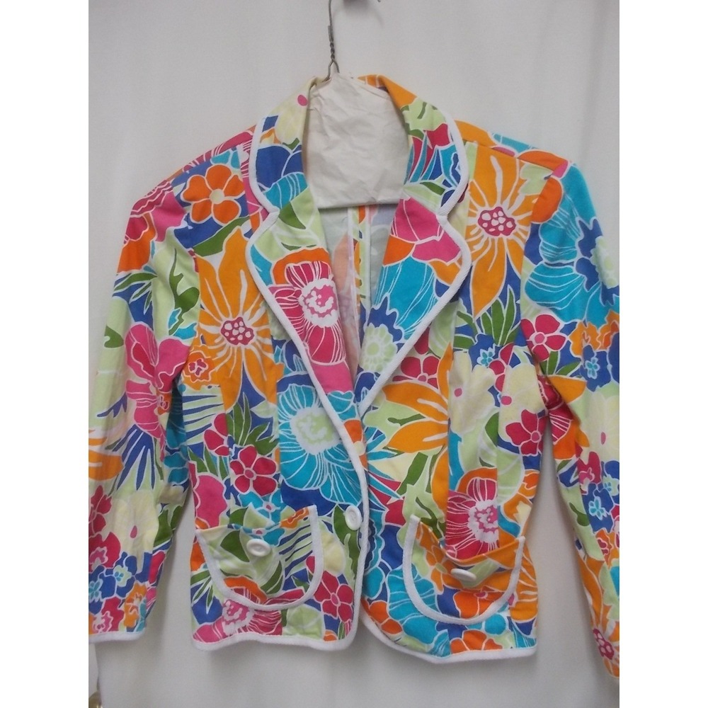 Willi Smith Floral Blazer Multi Color White Piping Cotton Stretch Size 6